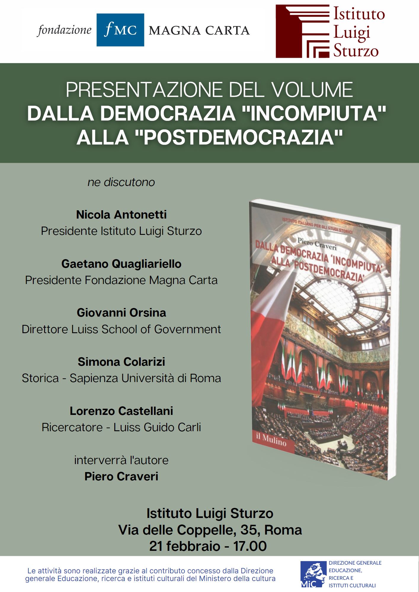 locandina Presentazione del volume «Dalla Democrazia "incompiuta" alla "postdemocrazia"» di Piero Craveri - Fondazione Magna Carta